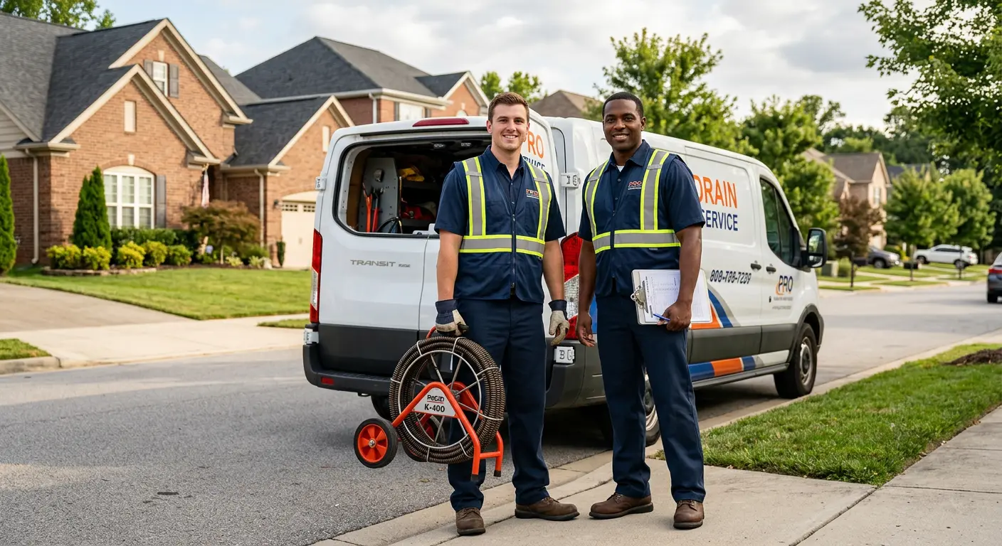 Sewer and drain service team with equipment ready for work in Clay