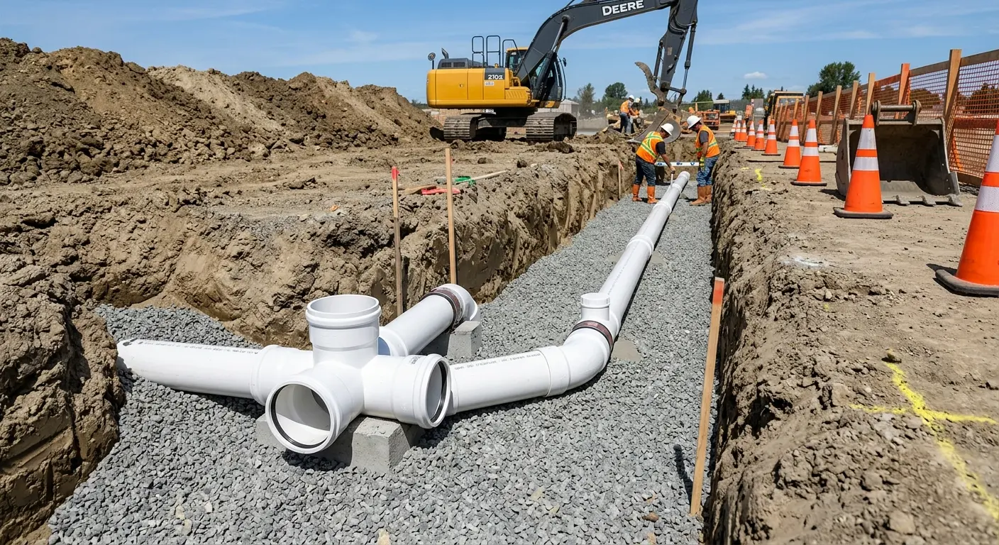 New PVC sewer pipe installation in open trench for Commercial Drain Cleaning in Clay